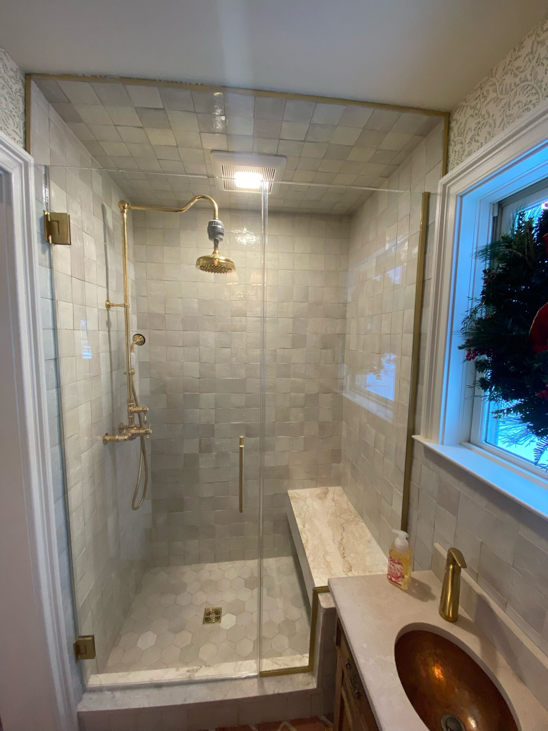 a custom frameless shower door from plymouth glass and mirror